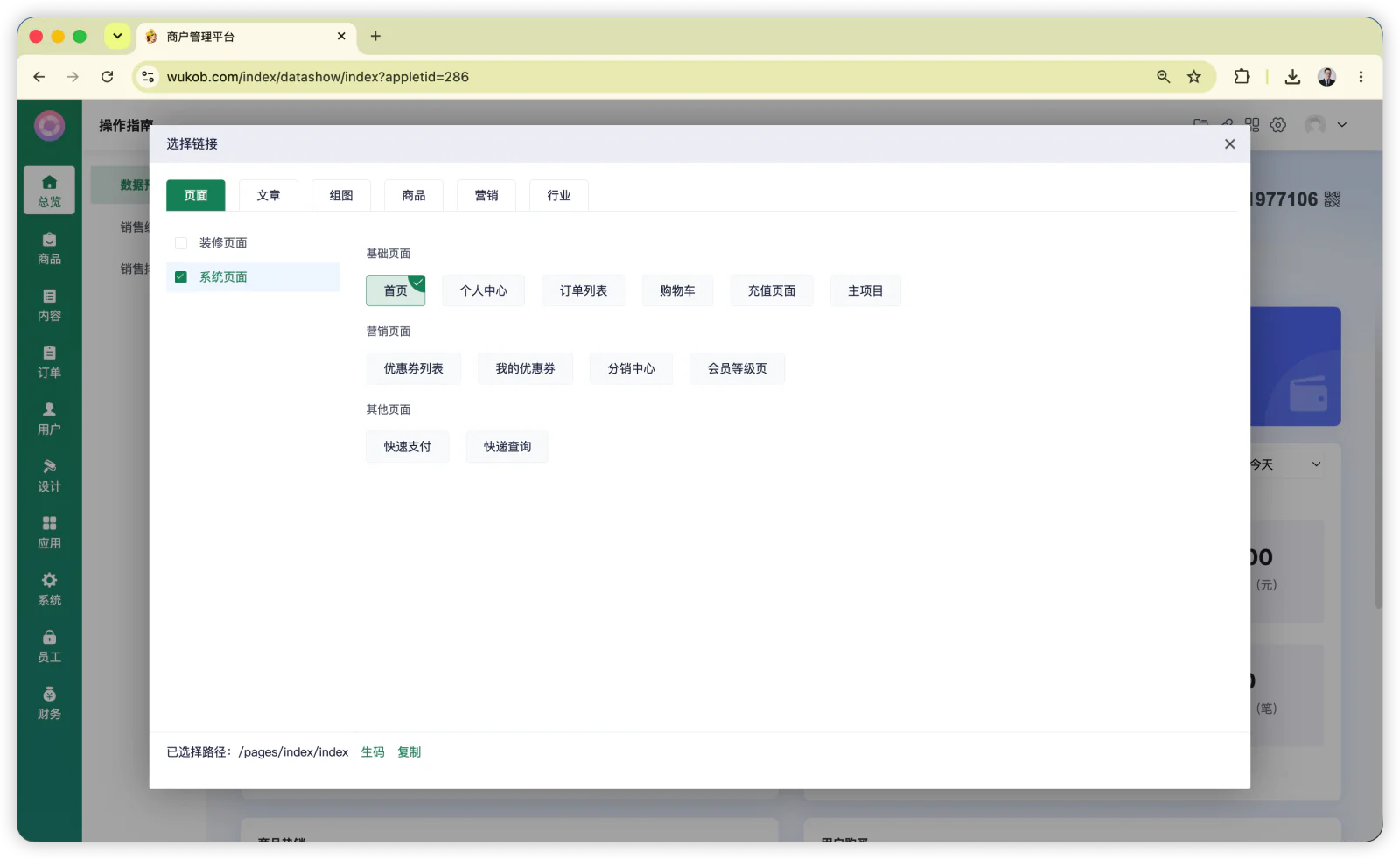 在“系统页面”选择“首页”，点击底部的“生码”按钮。